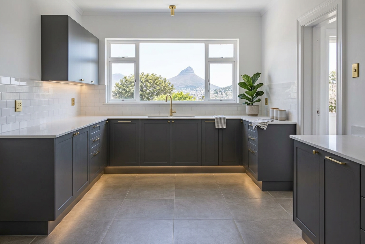 After: renovated kitchen with charcoal cabinetry, tiled floor and new fittings — concept image