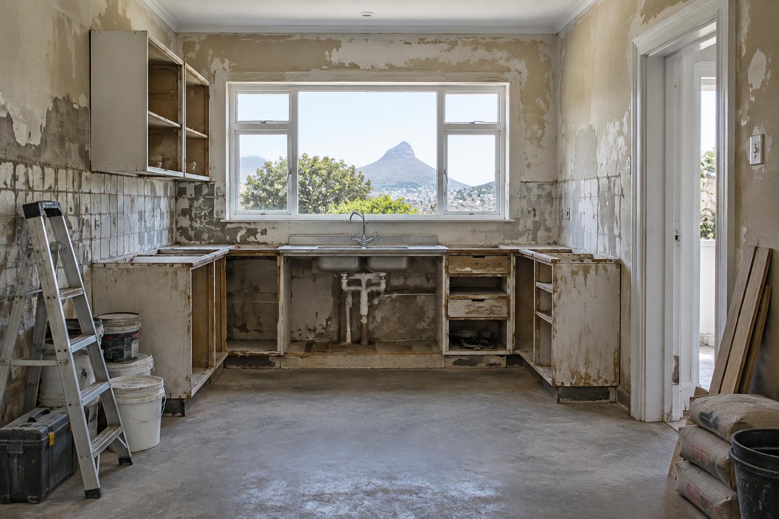 Before: stripped kitchen with worn cabinets and unfinished floor — concept image